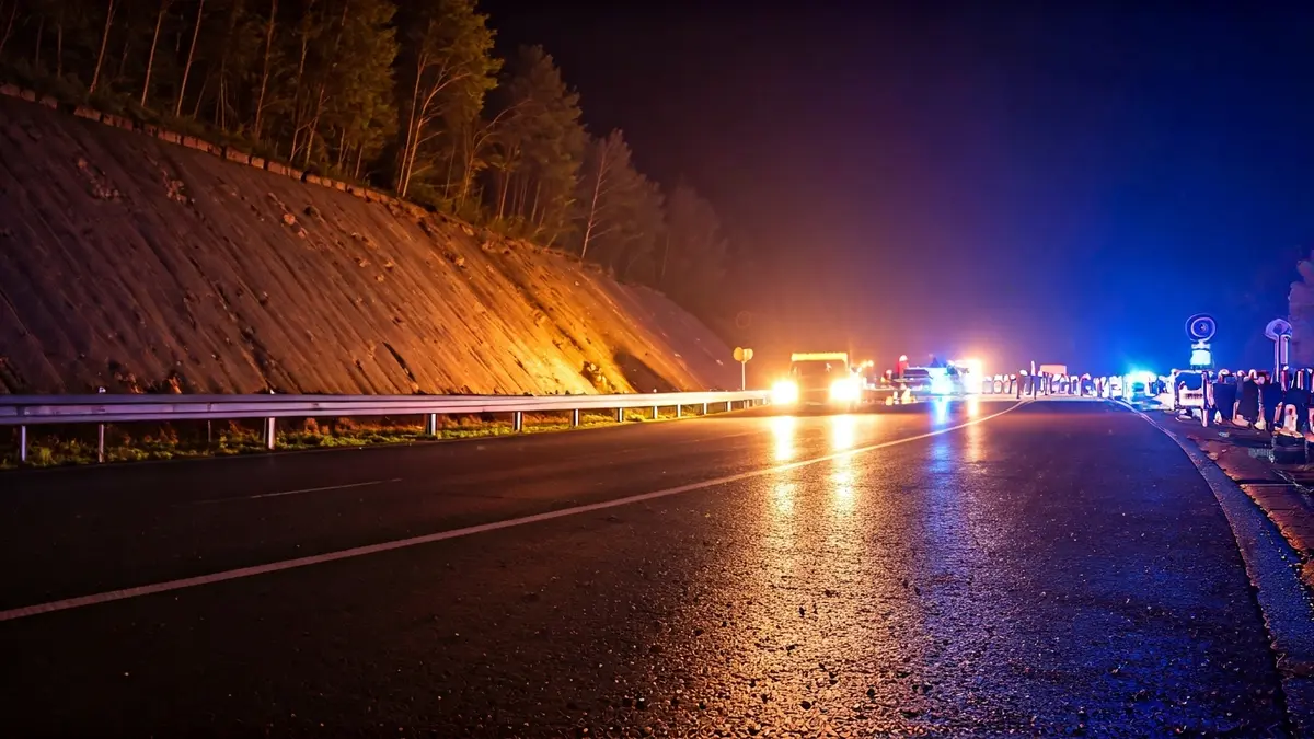 Imagen genérica de luces de emergencia reflejándose sobre asfalto mojado en una carretera oscura.
