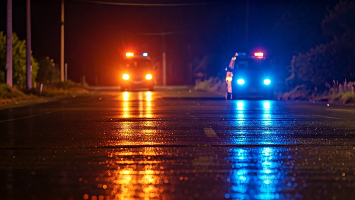 Imaxe xenérica de luces de emerxencia reflectidas no asfalto mollado pola noite.