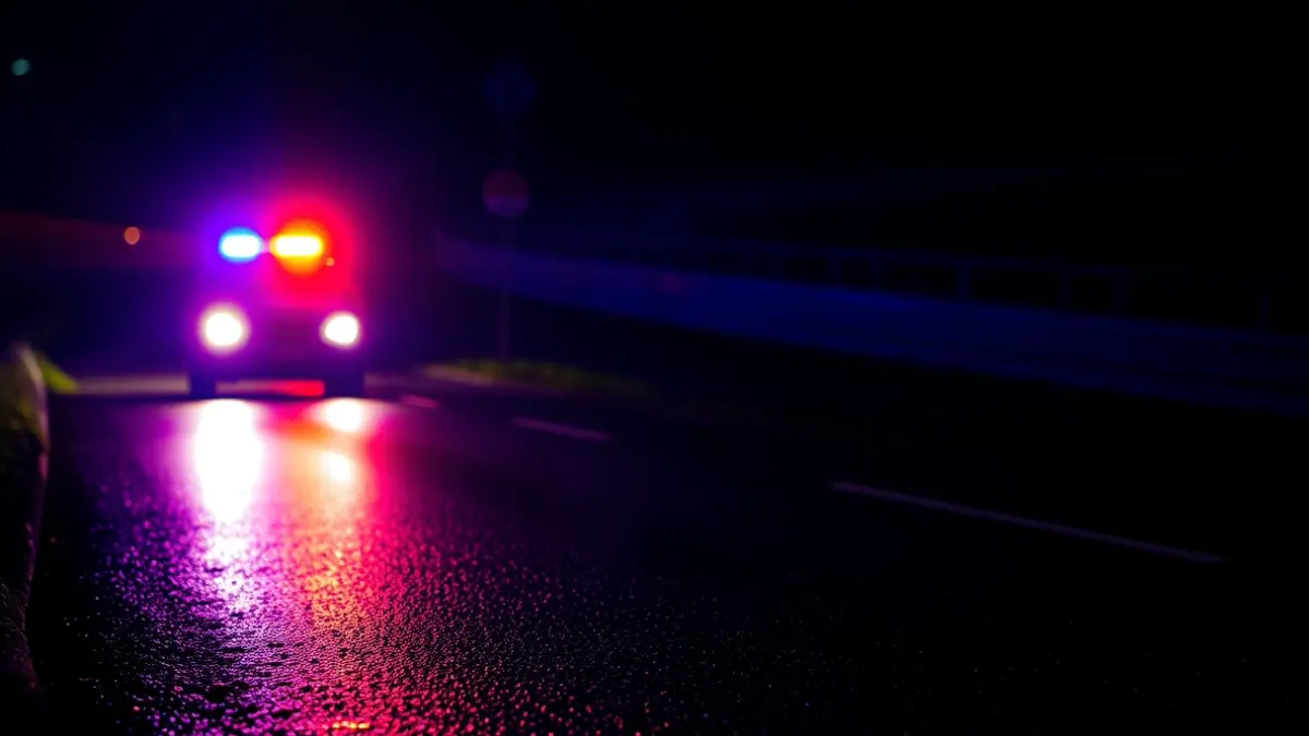 Imaxe xenérica de luces de emerxencia reflectíndose sobre asfalto mollado.
