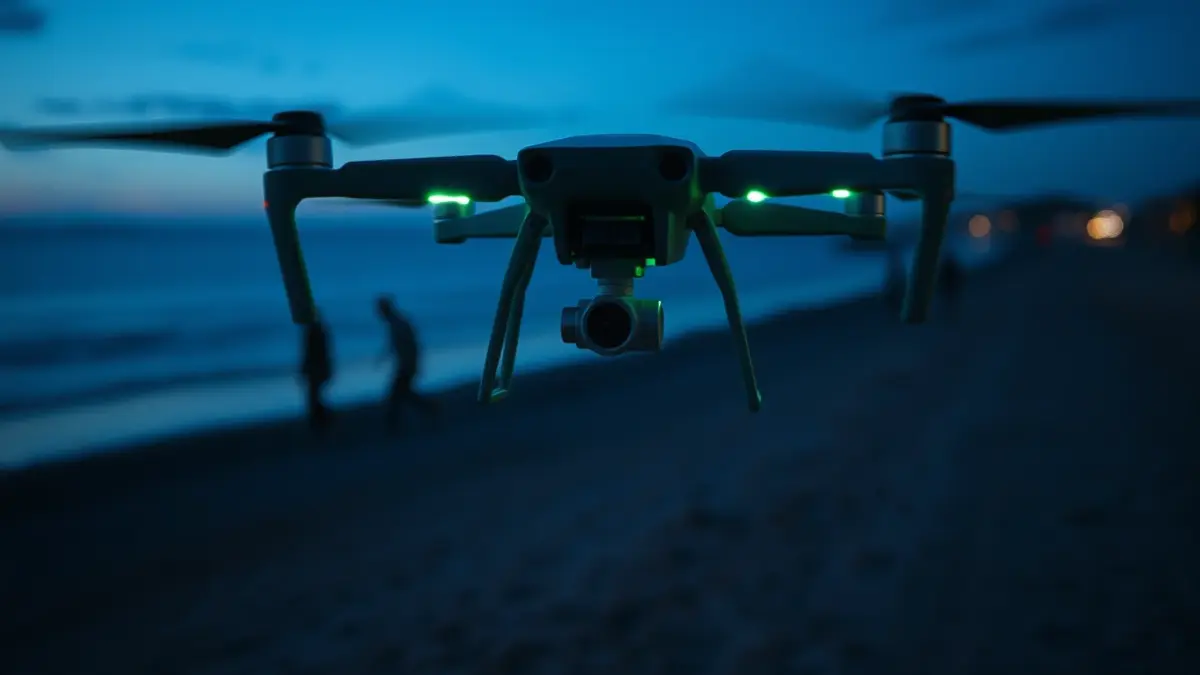 Imagen de un dron sobrevolando una playa oscura por la noche, con figuras borrosas a lo lejos.