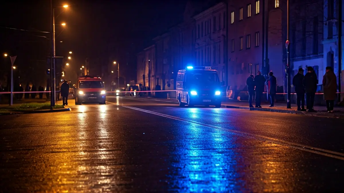 Imaxe xenérica de luces de emerxencia reflectidas no asfalto mollado.