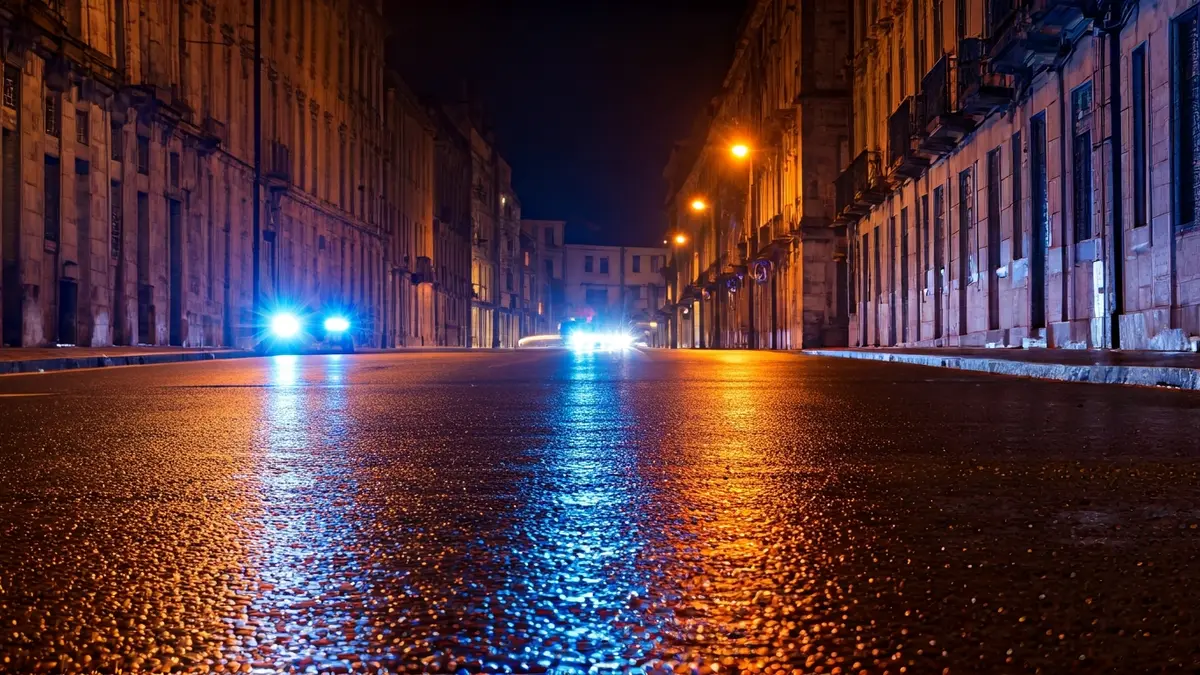Imagen genérica de luces de emergencia reflejándose sobre asfalto mojado en un entorno urbano.