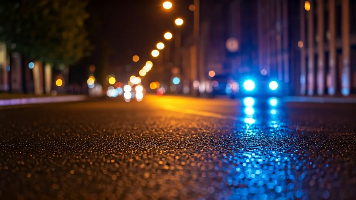 Imaxe xenérica de luces de emerxencia reflectíndose no asfalto mollado pola noite.