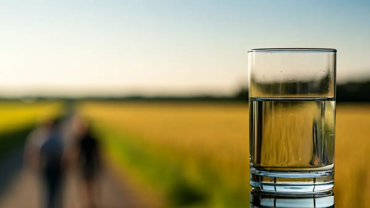 Imaxe xenérica dun vaso de auga da billa con campos agrícolas de fondo.