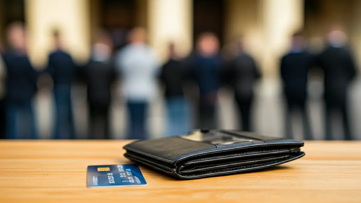 Imaxe xenérica dunha tarxeta de crédito nunha carteira sobre unha mesa de madeira.