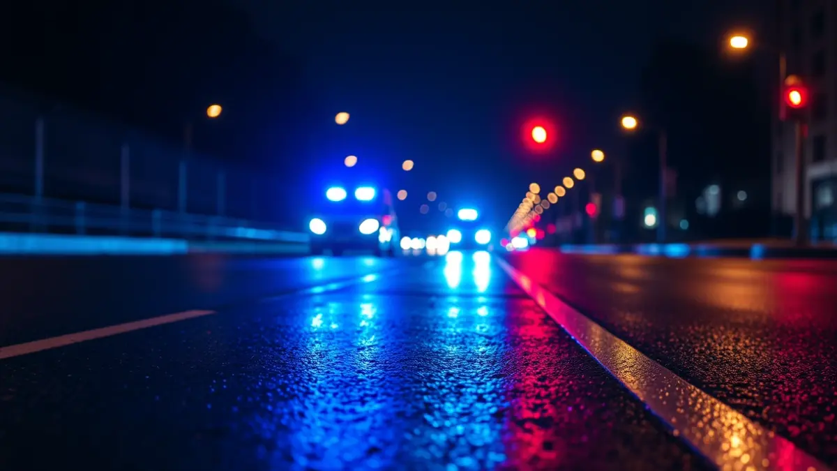 Imagen genérica de luces de emergencia reflejándose sobre asfalto mojado por la noche.