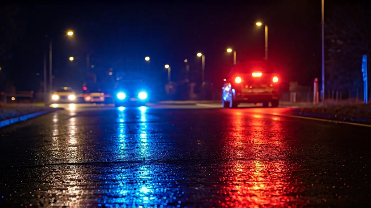 Imaxe xenérica de luces de emerxencia reflectidas no asfalto mollado pola noite.