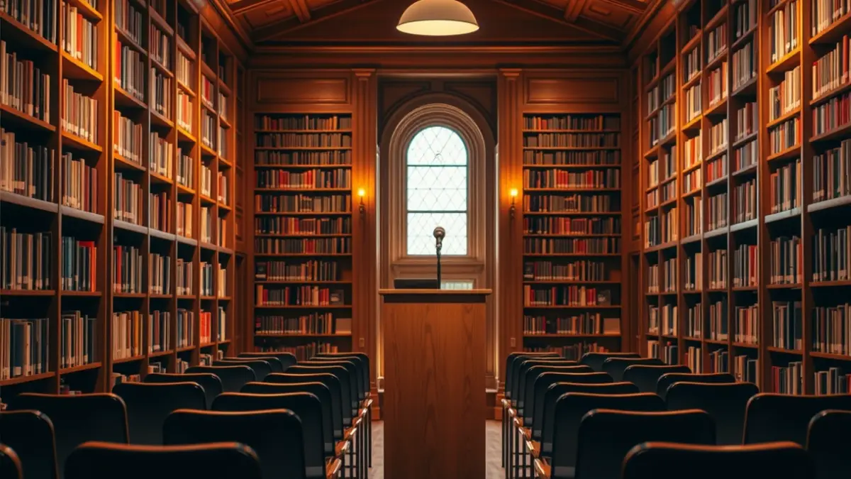 Imagen genérica de una sala de presentaciones literarias o biblioteca.