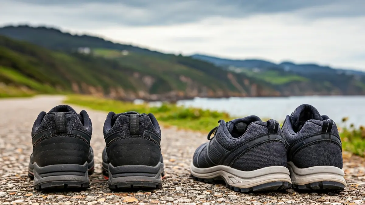Imaxe de dous pares de zapatillas de sendeirismo nunha ruta costeira galega.