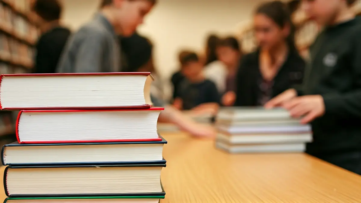 Imaxe xenérica de libros nunha mesa, con mans de nenos borrosas ao fondo.