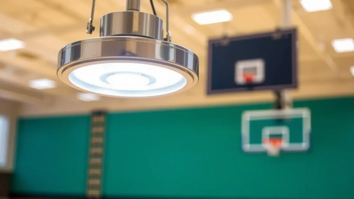 Imaxe xenérica de luminarias LED nun ximnasio, simbolizando a mellora da eficiencia enerxética.