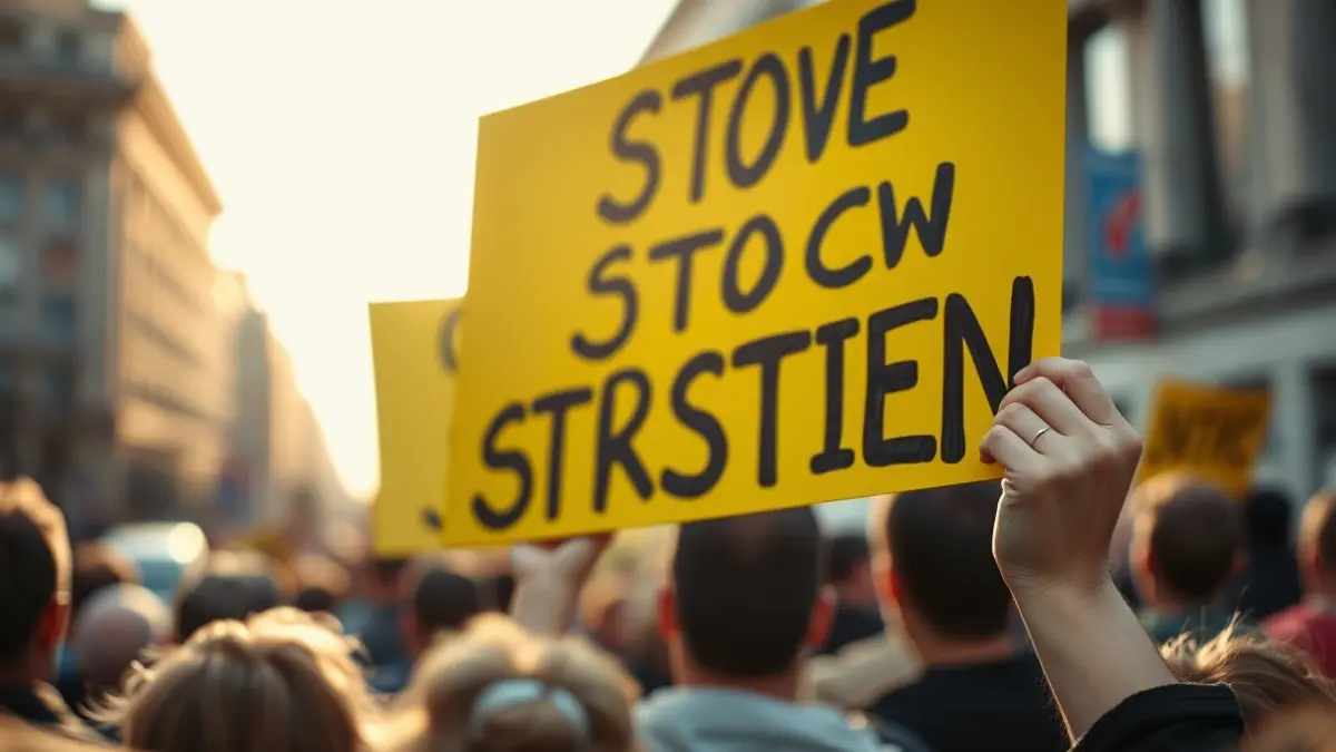 Imaxe xenérica dunha pancarta amarela nunha manifestación.