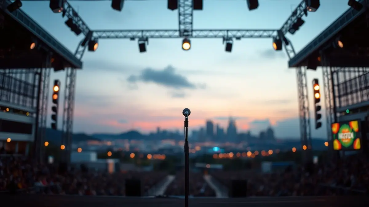 Imaxe xenérica dun escenario de concerto baleiro ao anoitecer.