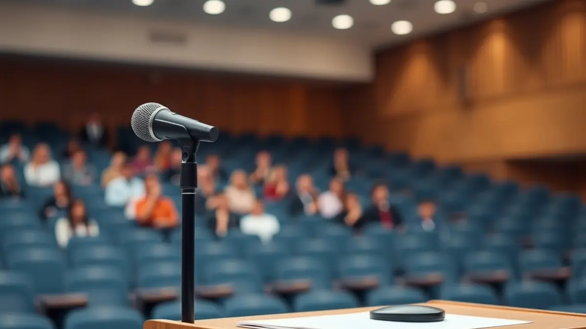 Imagen genérica de un micrófono en un podio en un aula universitaria vacía.