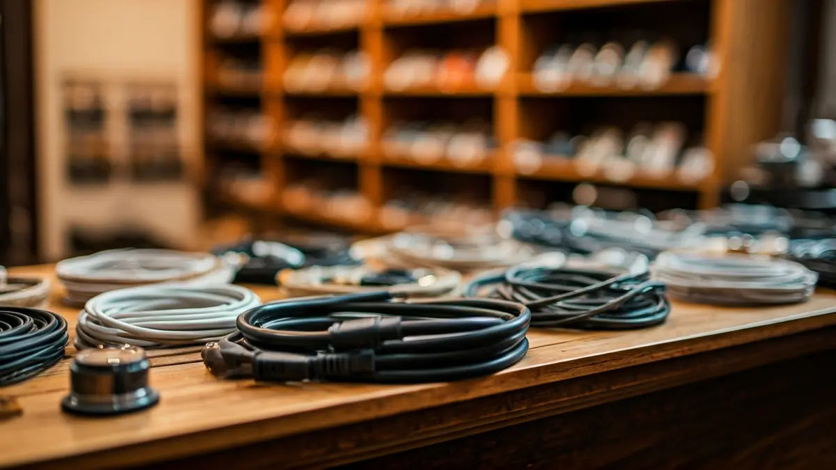 Imaxe xenérica de cables e pilas nunha tenda de electrónica.