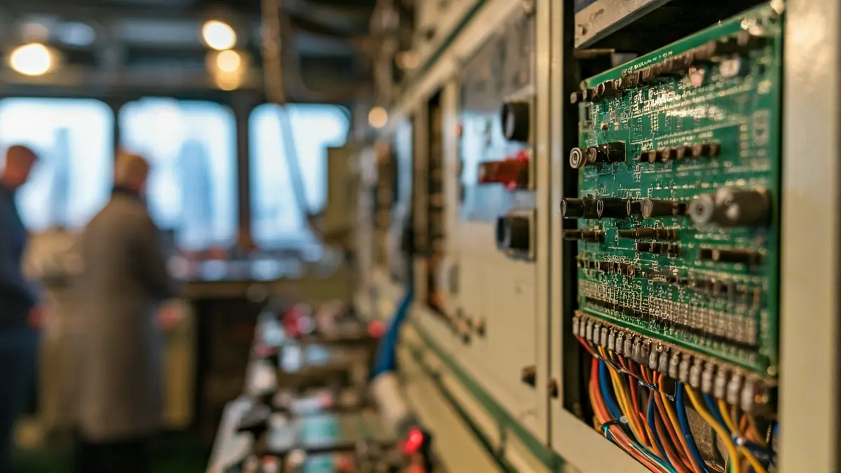 Imagen de componentes eléctricos y cableado en un panel de control, representando la tecnología naval.