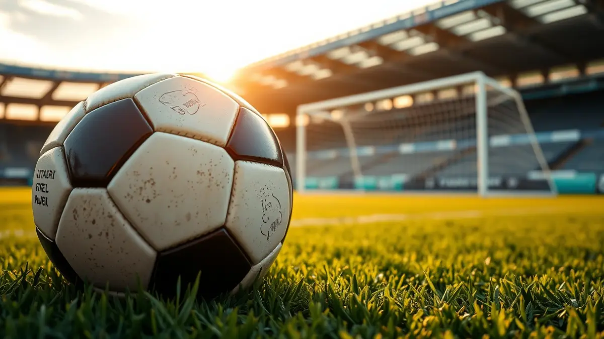 Imaxe xenérica dun balón de fútbol sobre o céspede dun campo.