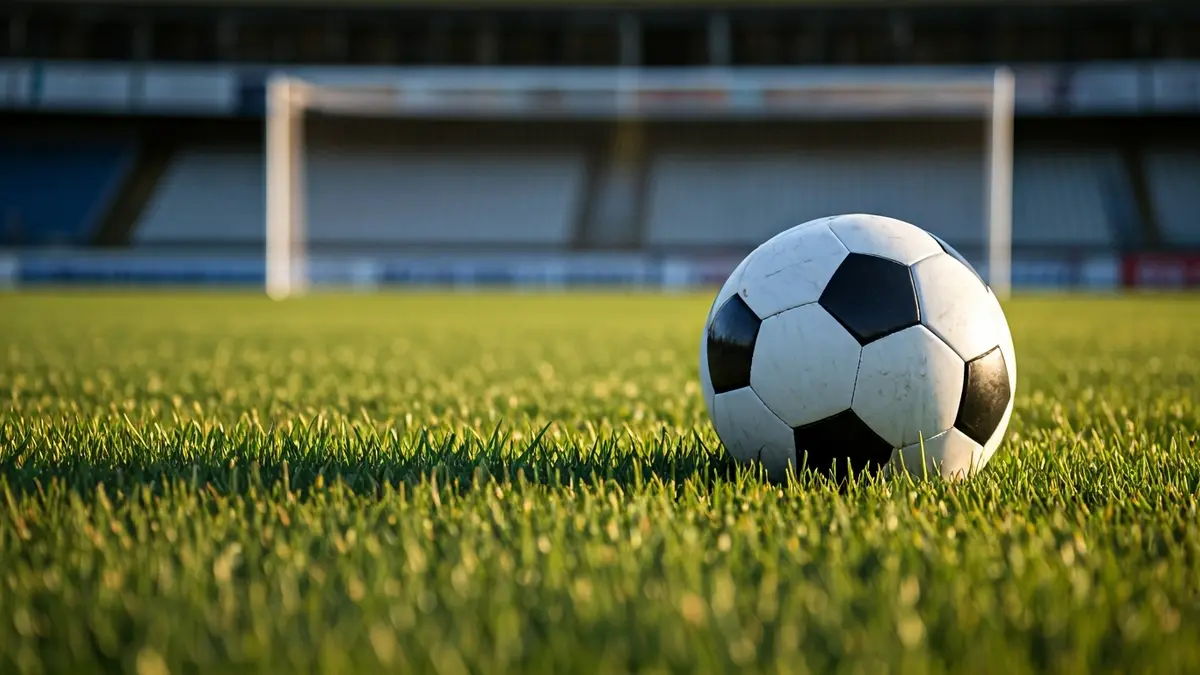 Imagen genérica de un balón de fútbol sobre césped en un campo, con la portería al fondo.
