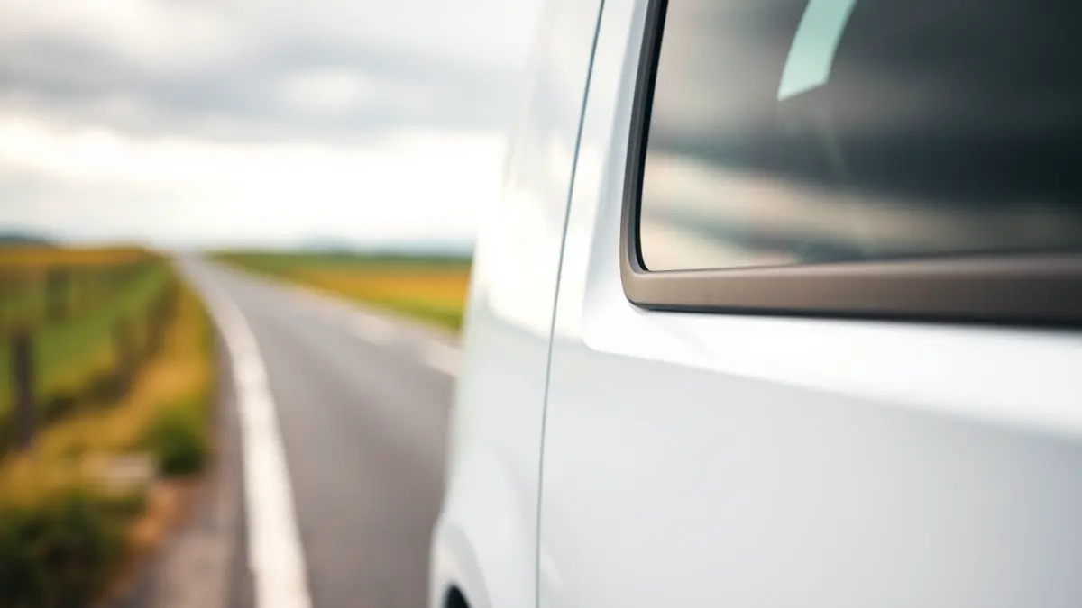 Imaxe xenérica dunha furgoneta de aluguer nunha estrada rural galega.