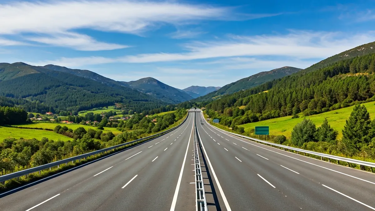 Imaxe xenérica dunha autovía en construción ou xa rematada nunha paisaxe galega.