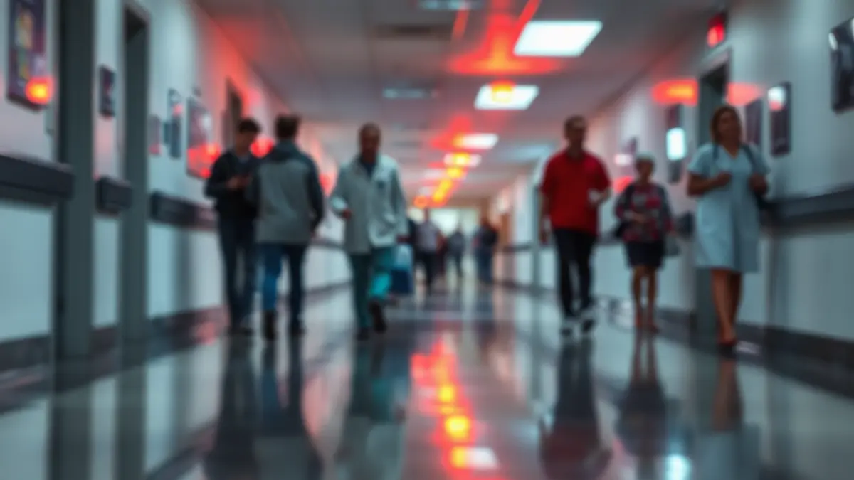 Imaxe xenérica dun corredor de hospital con luces de emerxencia.
