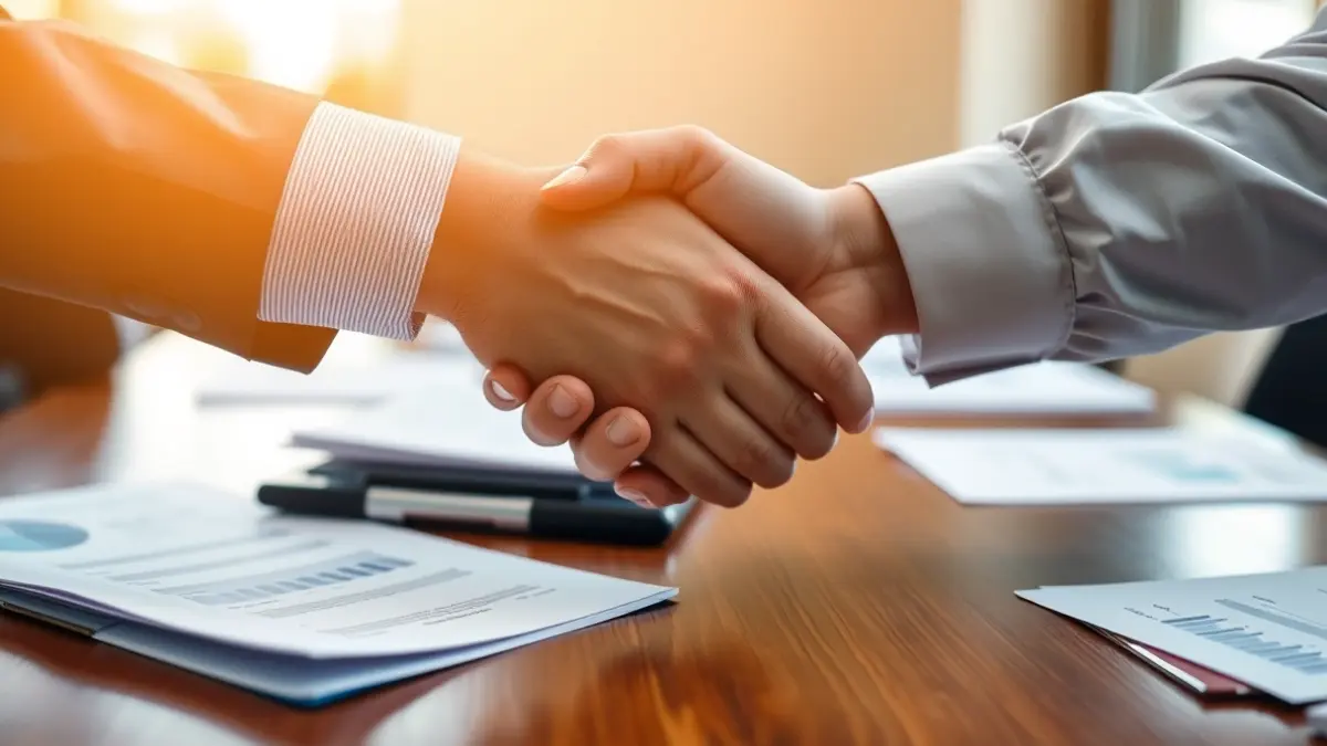 Imaxe xenérica de mans estreitándose nunha reunión de negocios, simbolizando colaboración.