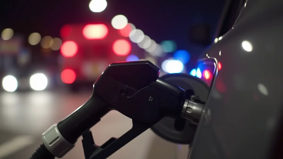 Imaxe dunha mangueira de combustible nun vehículo, con luces de emerxencia ao fondo.