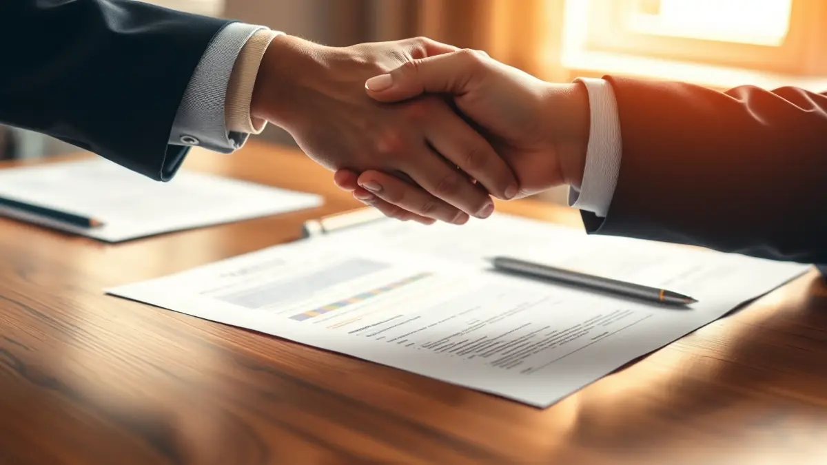 Imaxe xenérica de dúas mans estreitándose sobre un escritorio, simbolizando un acordo financeiro.