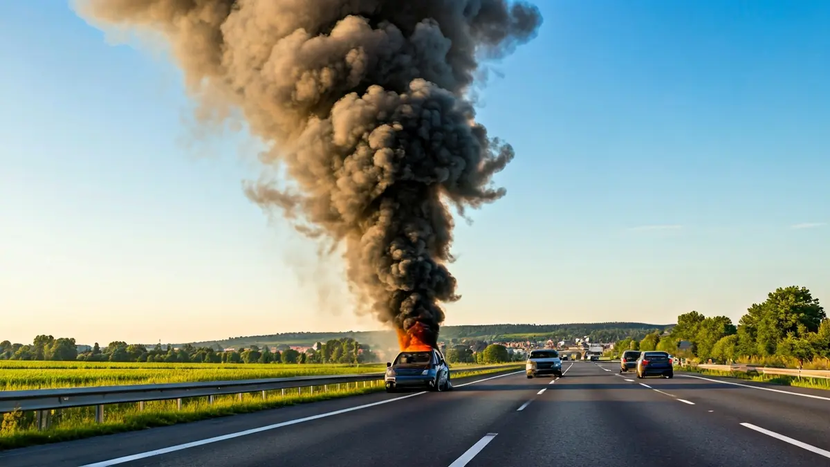 Columna de humo negro elevándose de un coche en llamas en la autovía A-6 en Cambre.