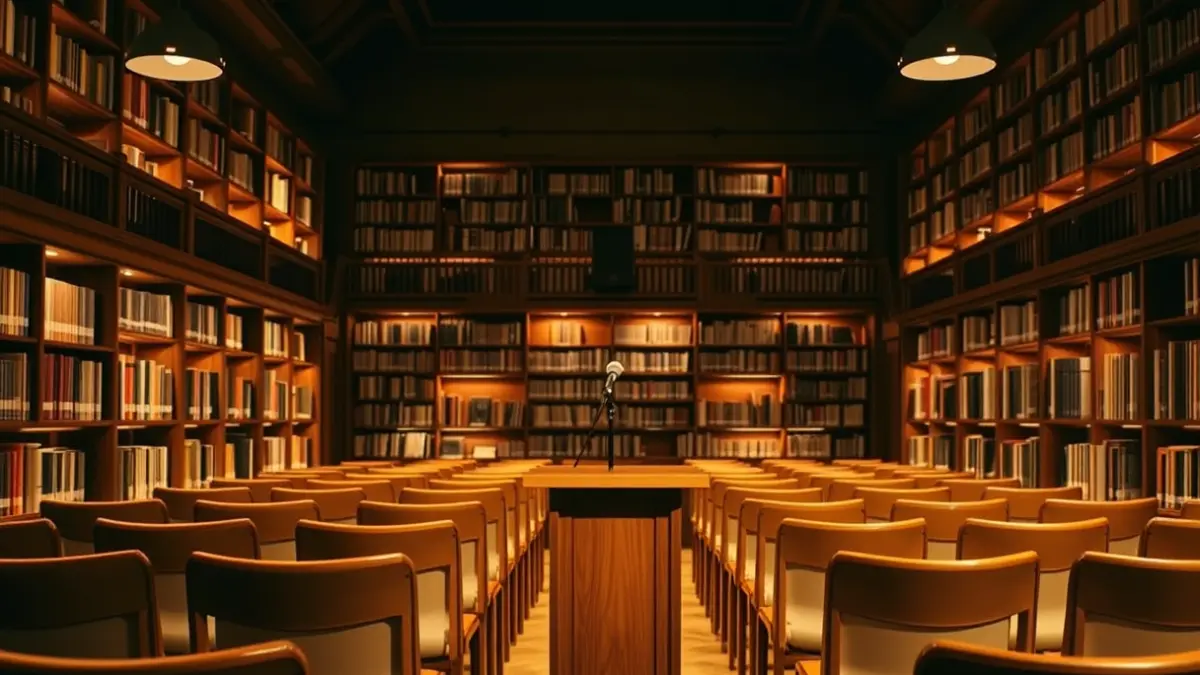 Imagen genérica de una sala de presentaciones o teatro, con asientos vacíos y un micrófono en el escenario.