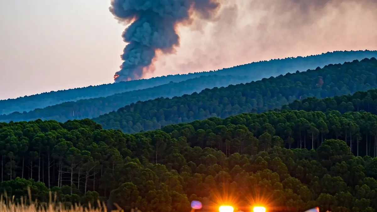 Imaxe xenérica dun incendio forestal con fume sobre un bosque.