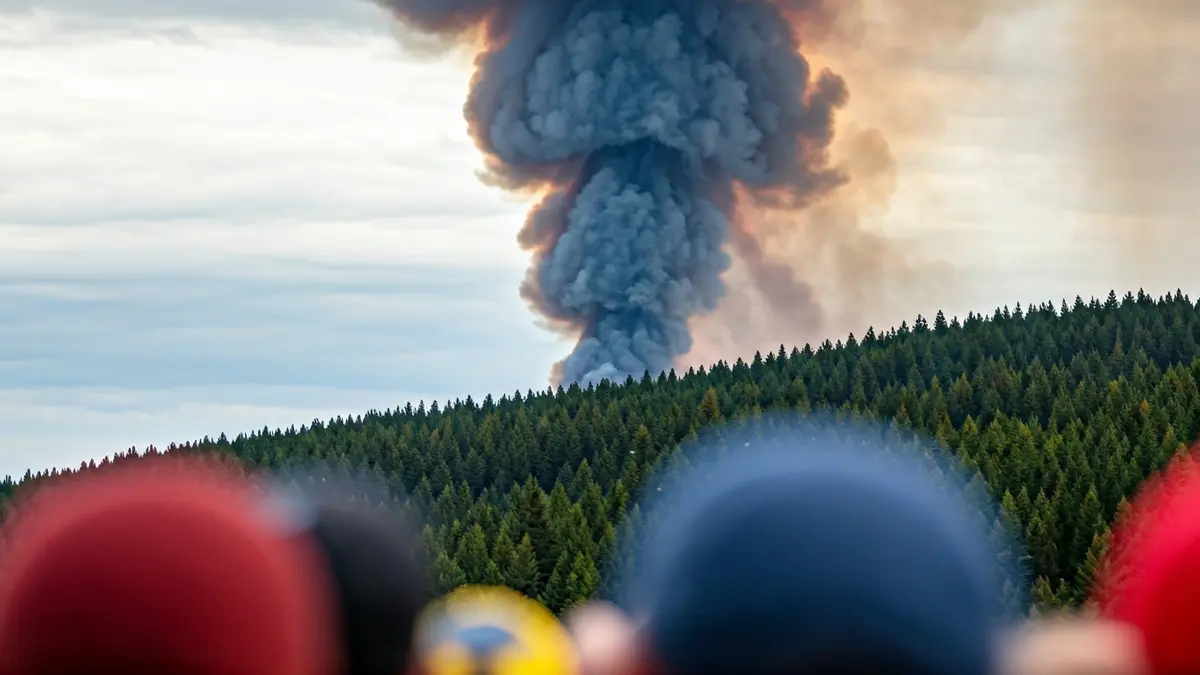 Imaxe xenérica de fume sobre un bosque, con luces de emerxencia borrosas.