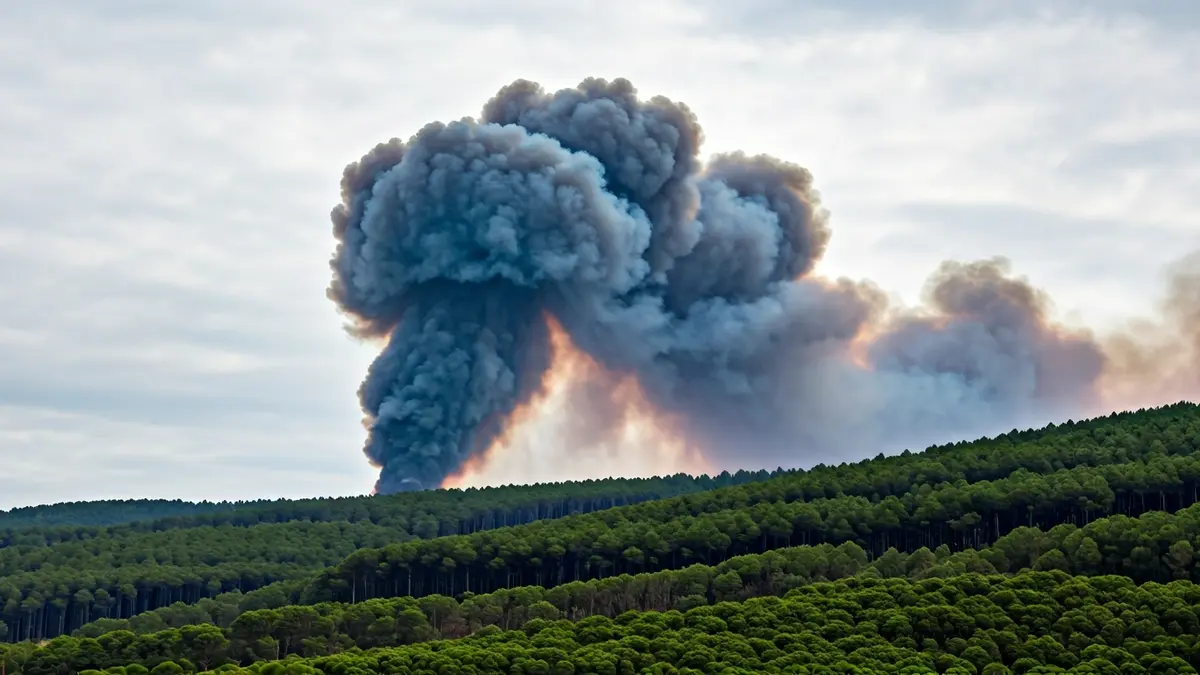Imagen genérica de humo elevándose sobre un bosque, con luces de emergencia borrosas en primer plano.