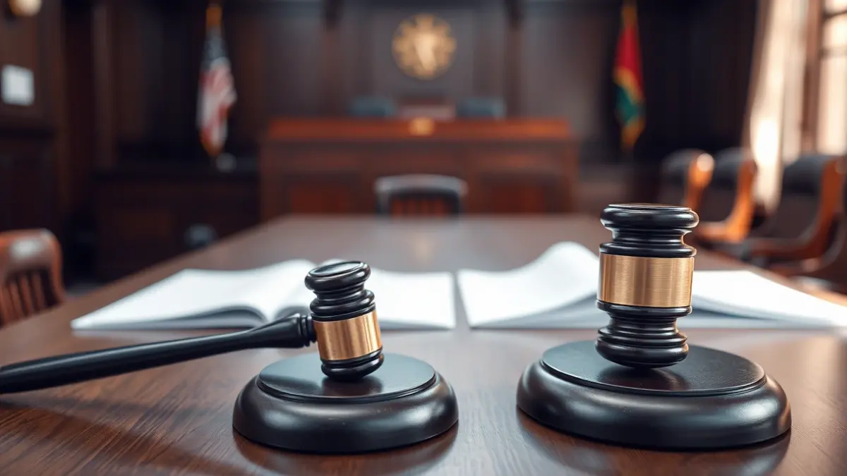 Imaxe xenérica dun mazo de xuíz sobre unha mesa de madeira nunha sala de xustiza.