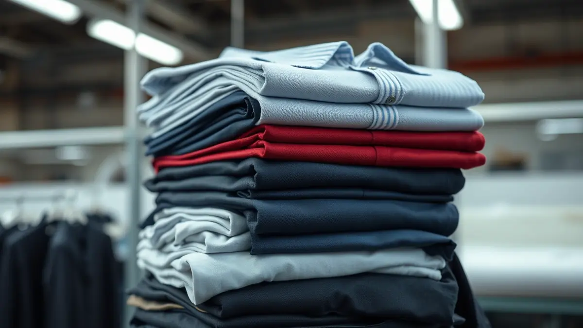Imagen genérica de uniformes de trabajo apilados, mostrando la calidad del tejido.