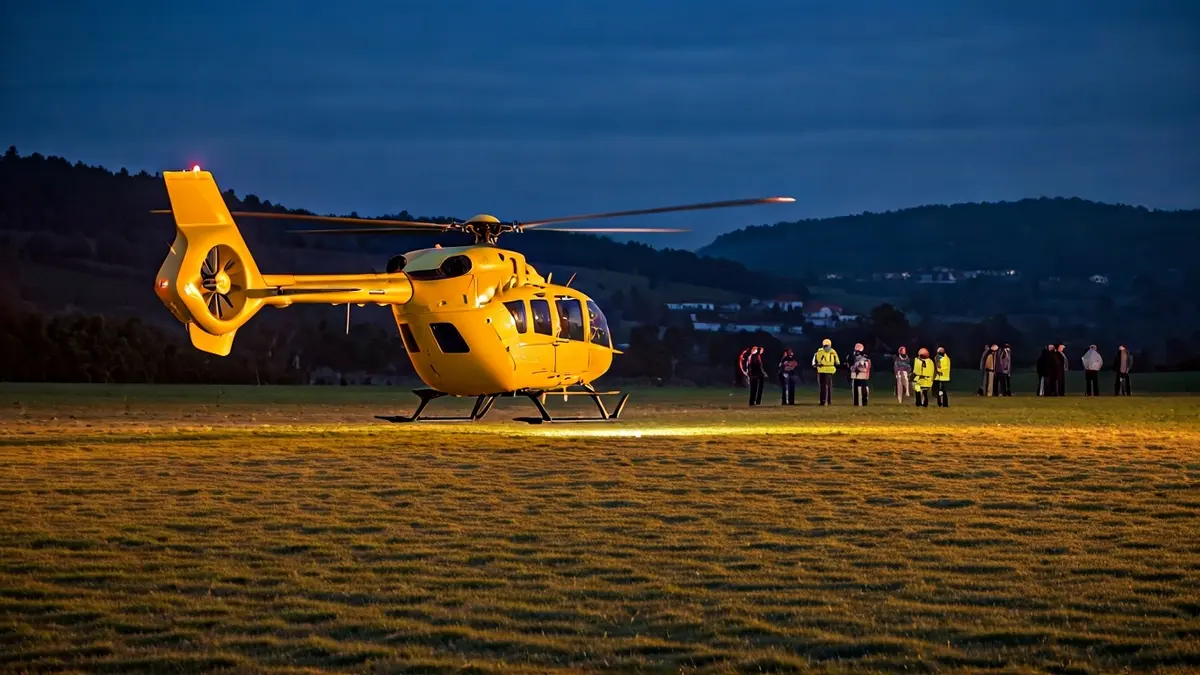 Helicóptero medicalizado aterrizando en un campo rural