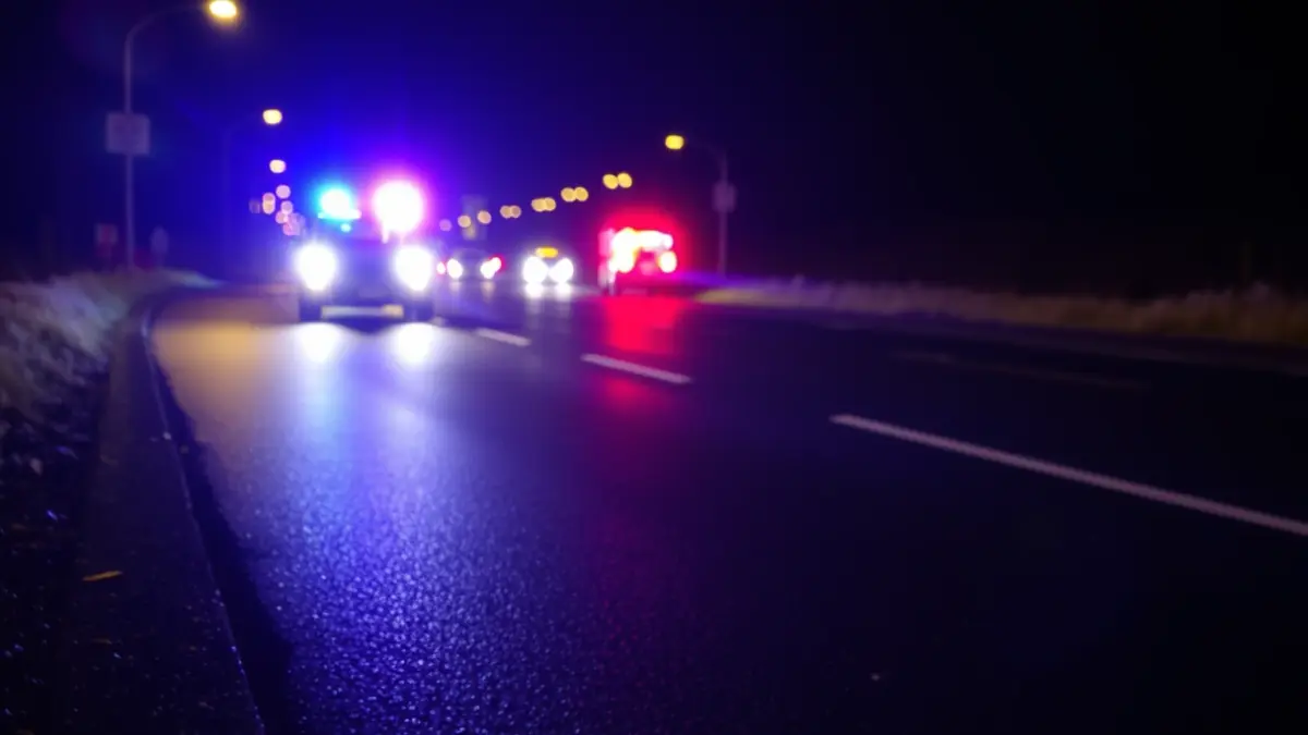 Imagen genérica de luces de emergencia reflejadas sobre asfalto mojado, sugiriendo un accidente.
