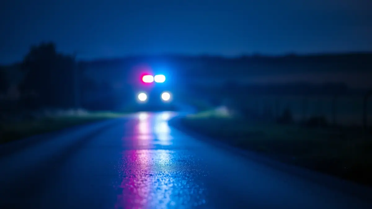 Imagen genérica de luces de emergencia reflejándose sobre asfalto mojado en un entorno rural gallego.