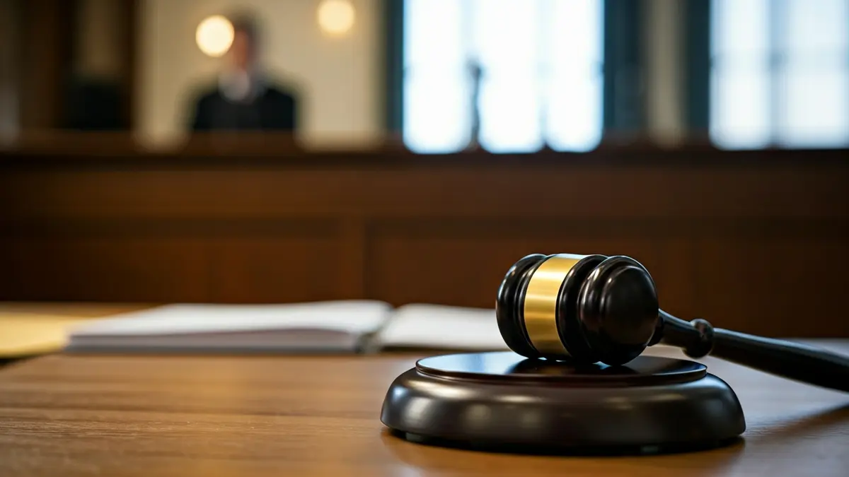 Imaxe xenérica dun mazo de xuíz sobre unha mesa de madeira nun xulgado.