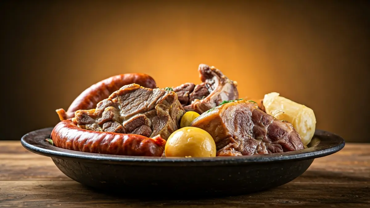 Prato de cocido de porco celta nunha mesa de madeira.