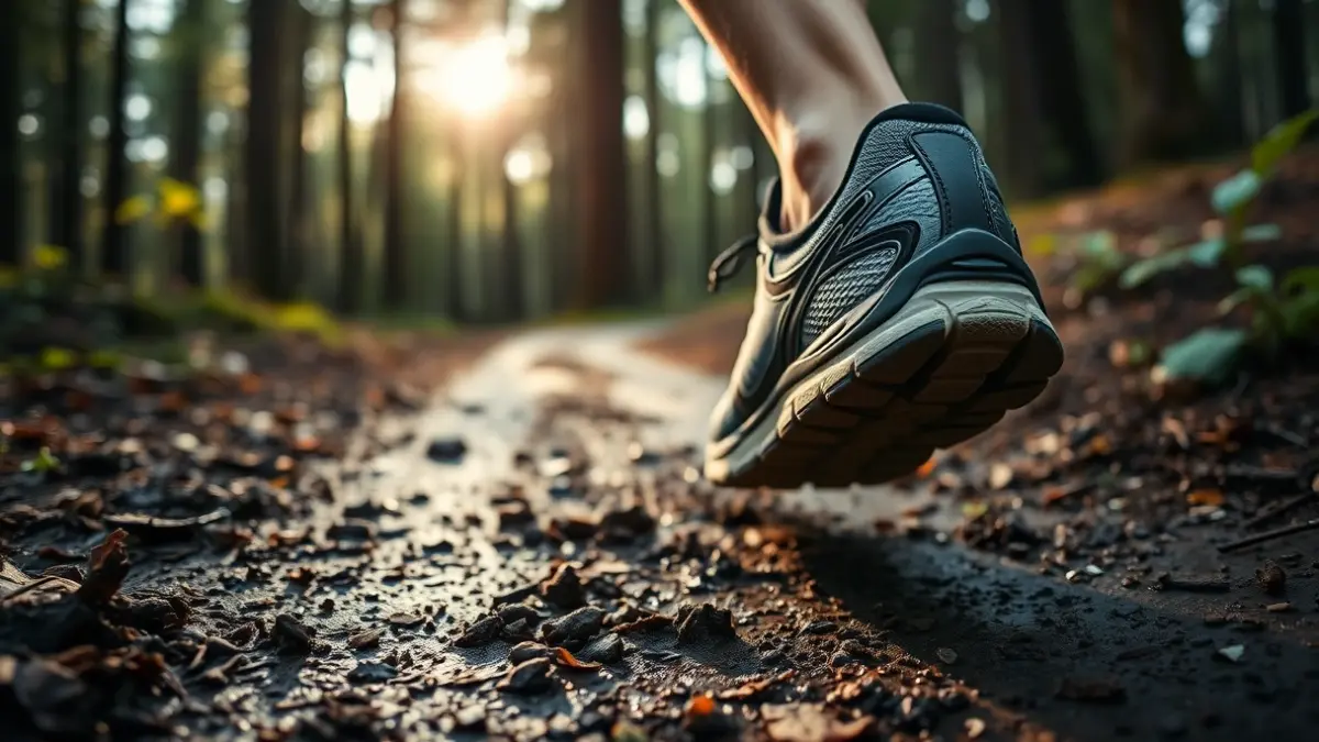 Imaxe xenérica dunha zapatilla de trail running nun camiño forestal.