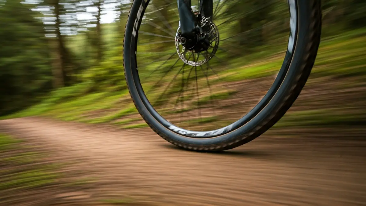 Imaxe xenérica dunha roda de bicicleta de montaña nun camiño de terra.