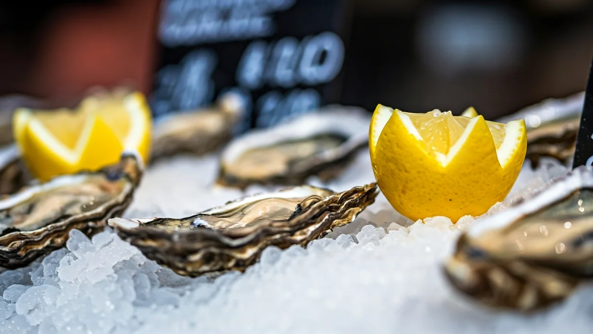 Imaxe xenérica de ostras frescas nun posto de mercado.