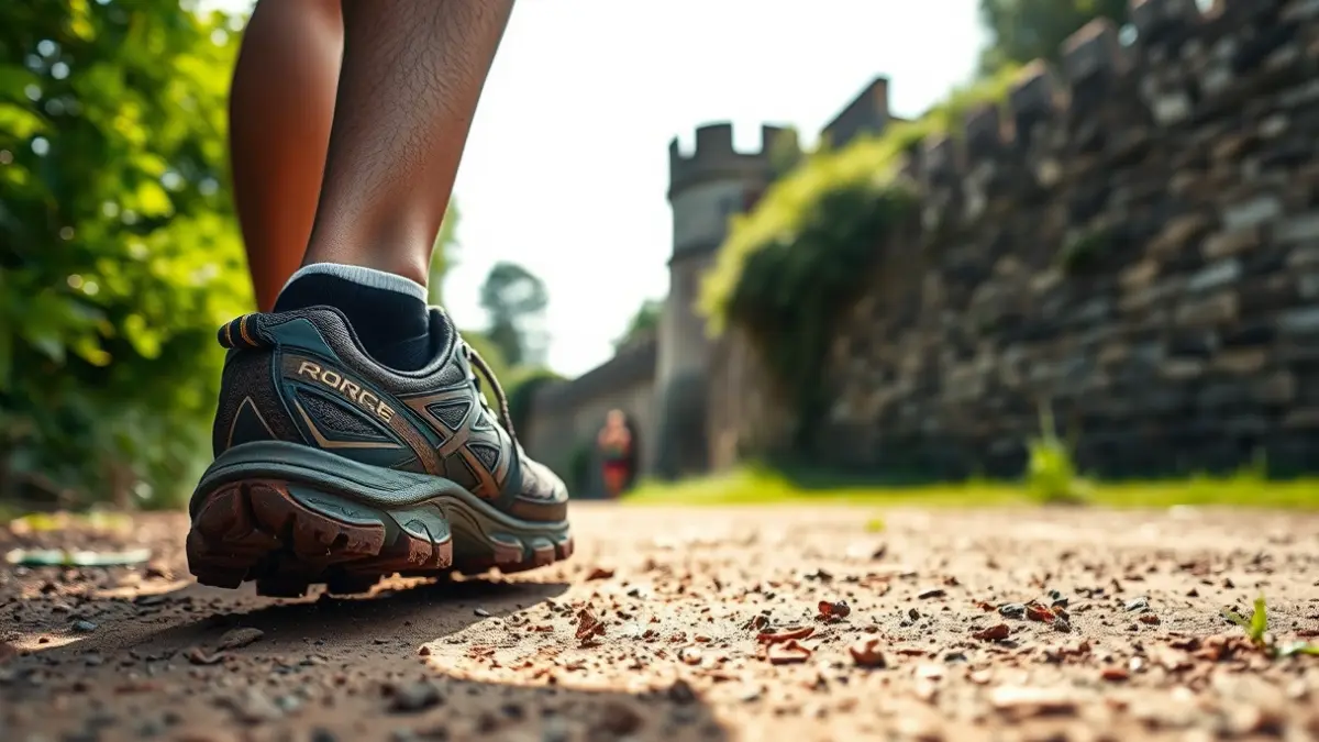Zapatillas de trail running embarradas en un camino de tierra, con vegetación y un muro de castillo al fondo.