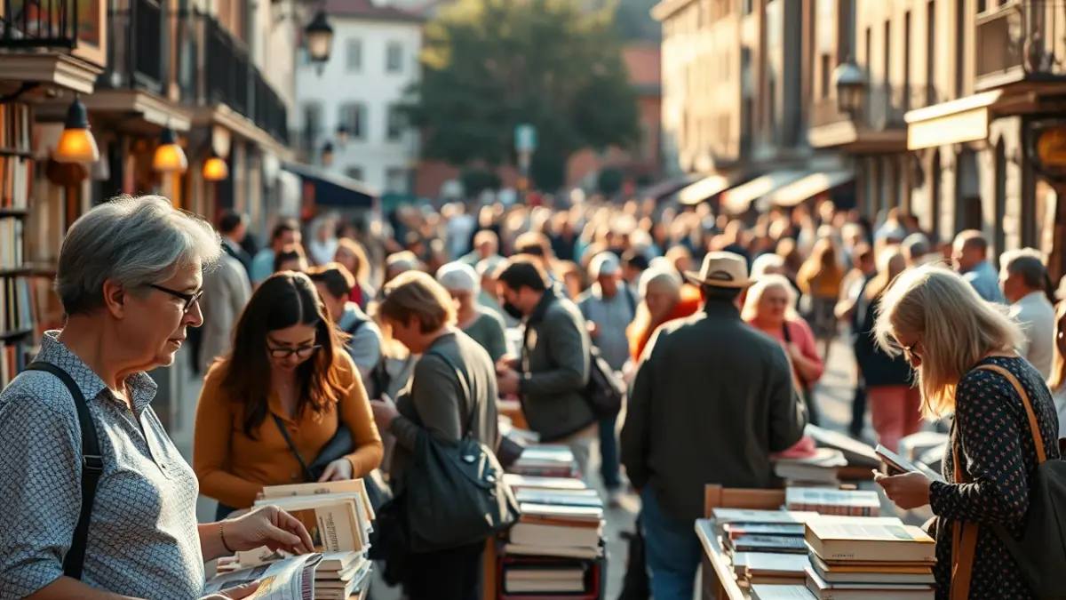 Imagen genérica de una feria del libro en la calle con gente mirando libros.
