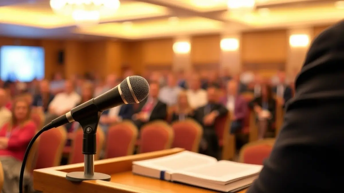 Imagen genérica de un micrófono en un atril durante una presentación.