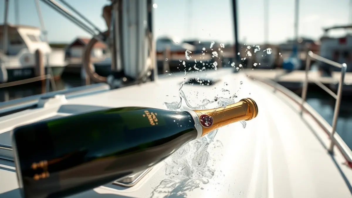Imagen de una botella de champán rompiendo contra el casco de un velero en un bautizo.