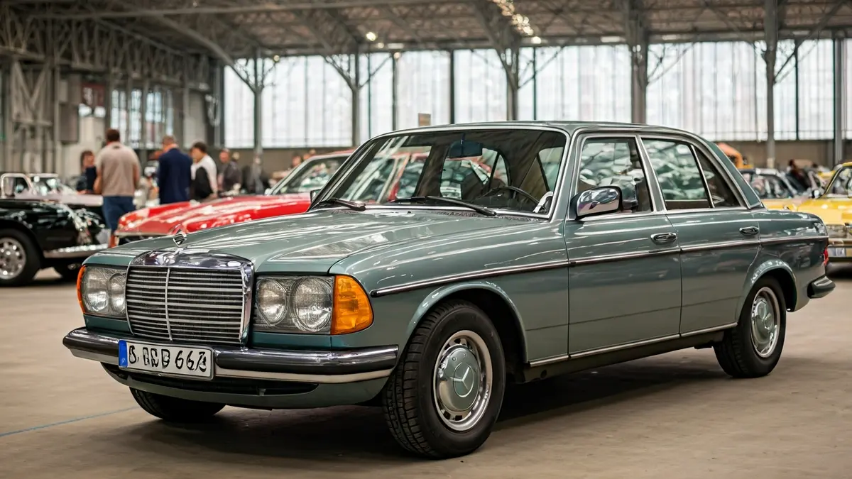 Imaxe dun Mercedes W123 nunha exposición de vehículos clásicos.