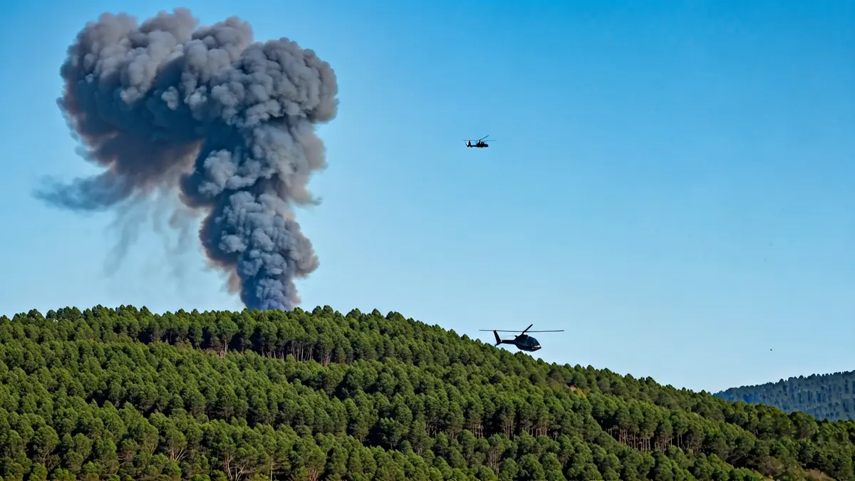 Imaxe dun incendio forestal con fume e un helicóptero ao lonxe.