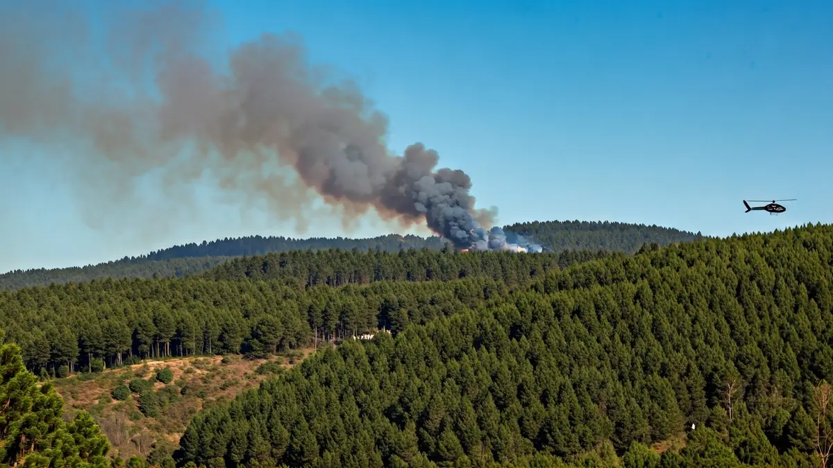 Imaxe dunha columna de fume sobre un bosque en Galicia